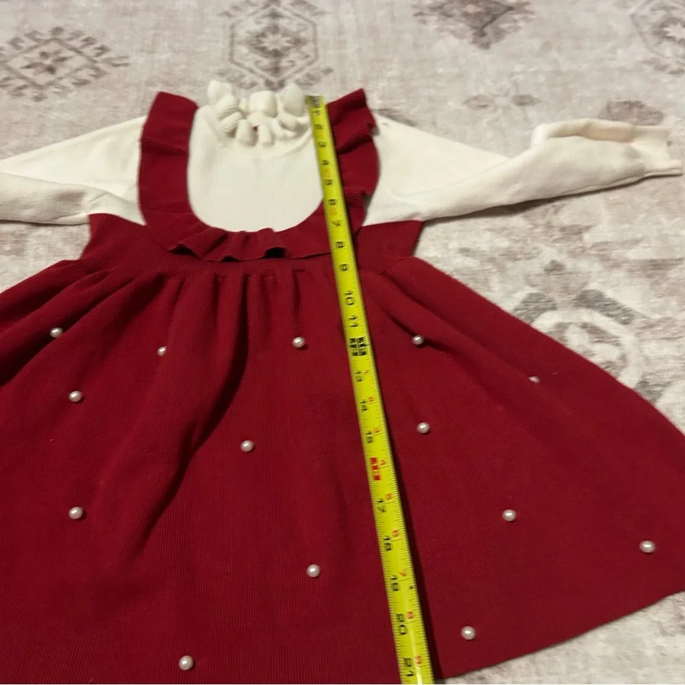 Kids Size 6Y Adorable Red + Cream Dress and Pearl‎ Accents Christmas Holiday